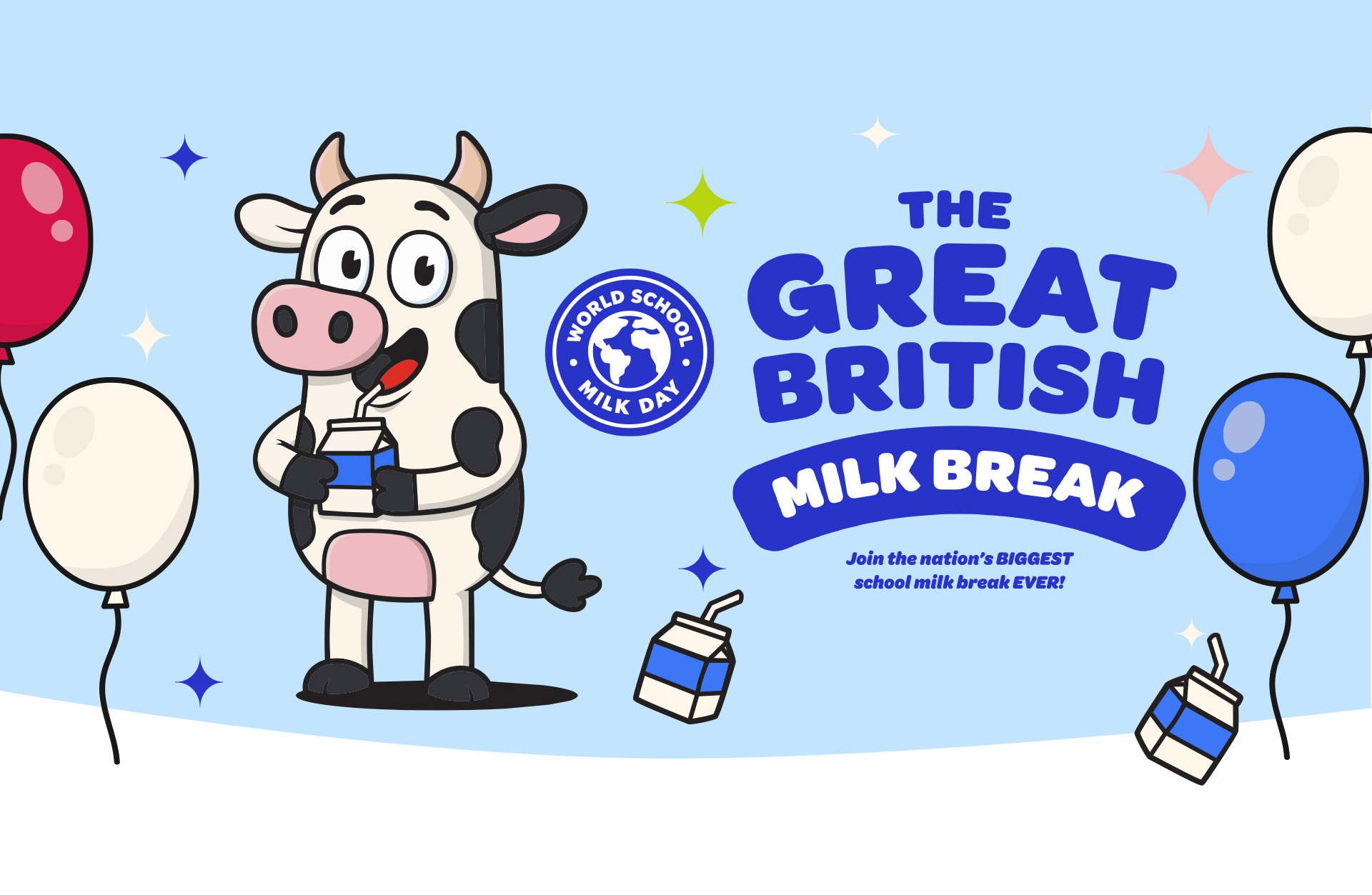 Mooey the cow celebrating The Great British Milk Break for World School Milk Day 2026