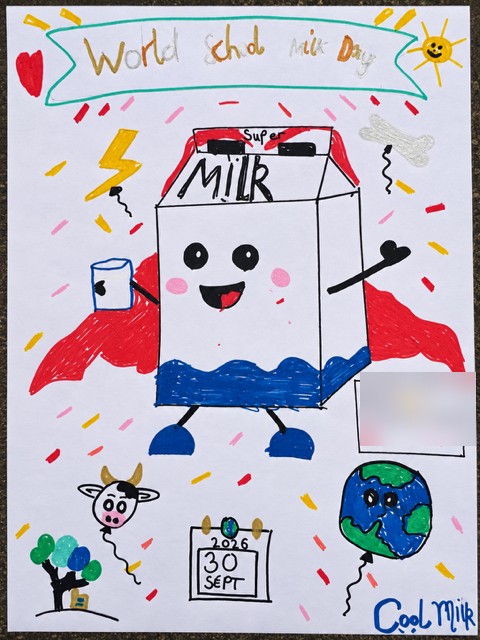 Winning poster: a smiling superhero milk carton with a red cape, surrounded by confetti, a cow balloon and a 30 September 2026 calendar